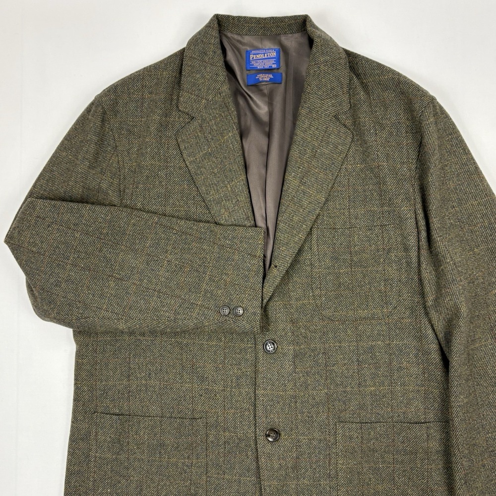 VTG Pendleton Merino Tweed Sport Coat XL  Olive/Gray Windowpane Patch Pocket EUC